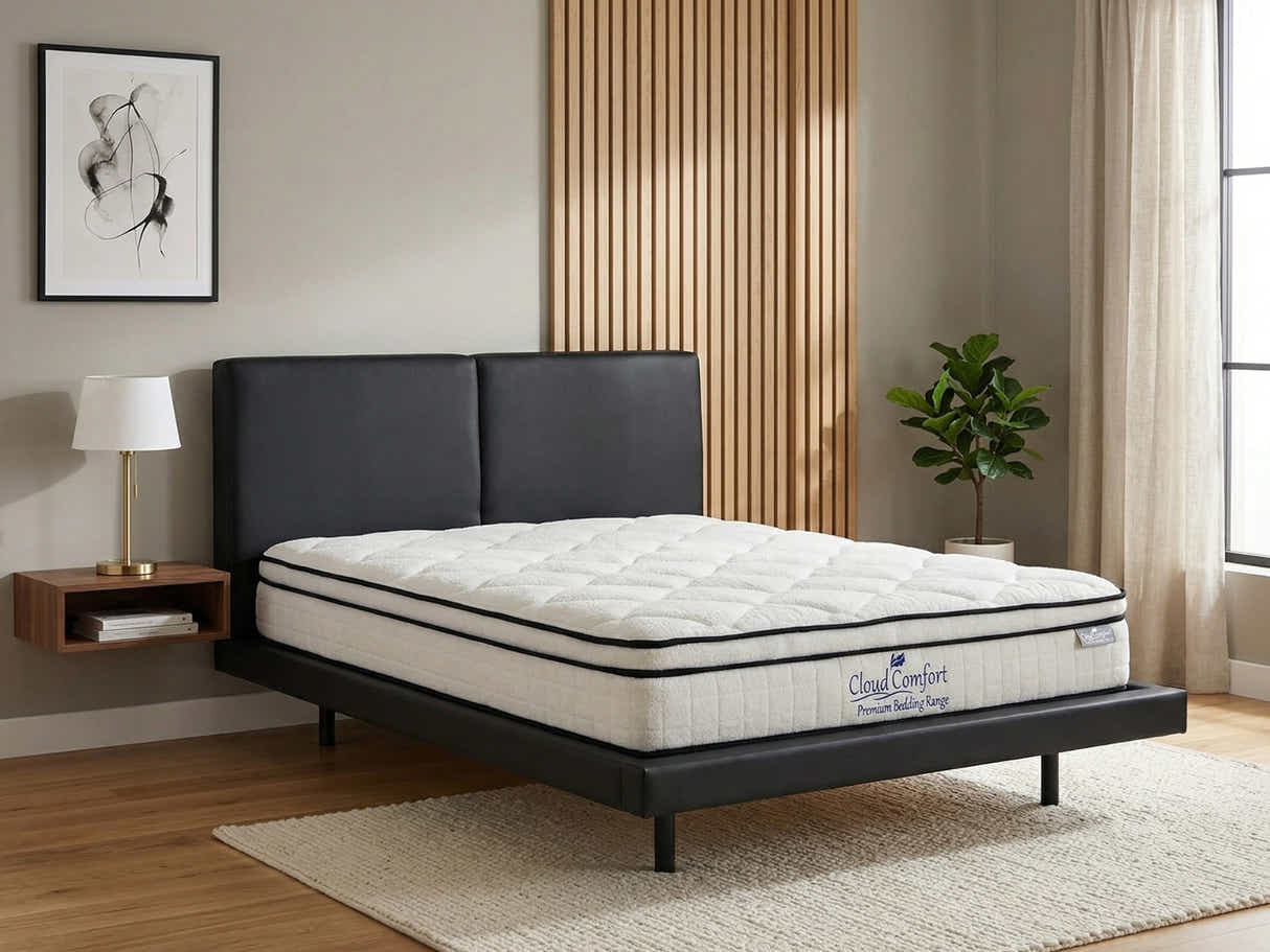 Priscilla PU Bed Frame Black & Boucle22 Mattress - Queen