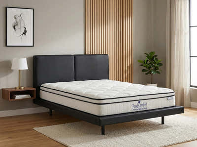 Priscilla PU Bed Frame Black & Boucle22 Mattress - Queen