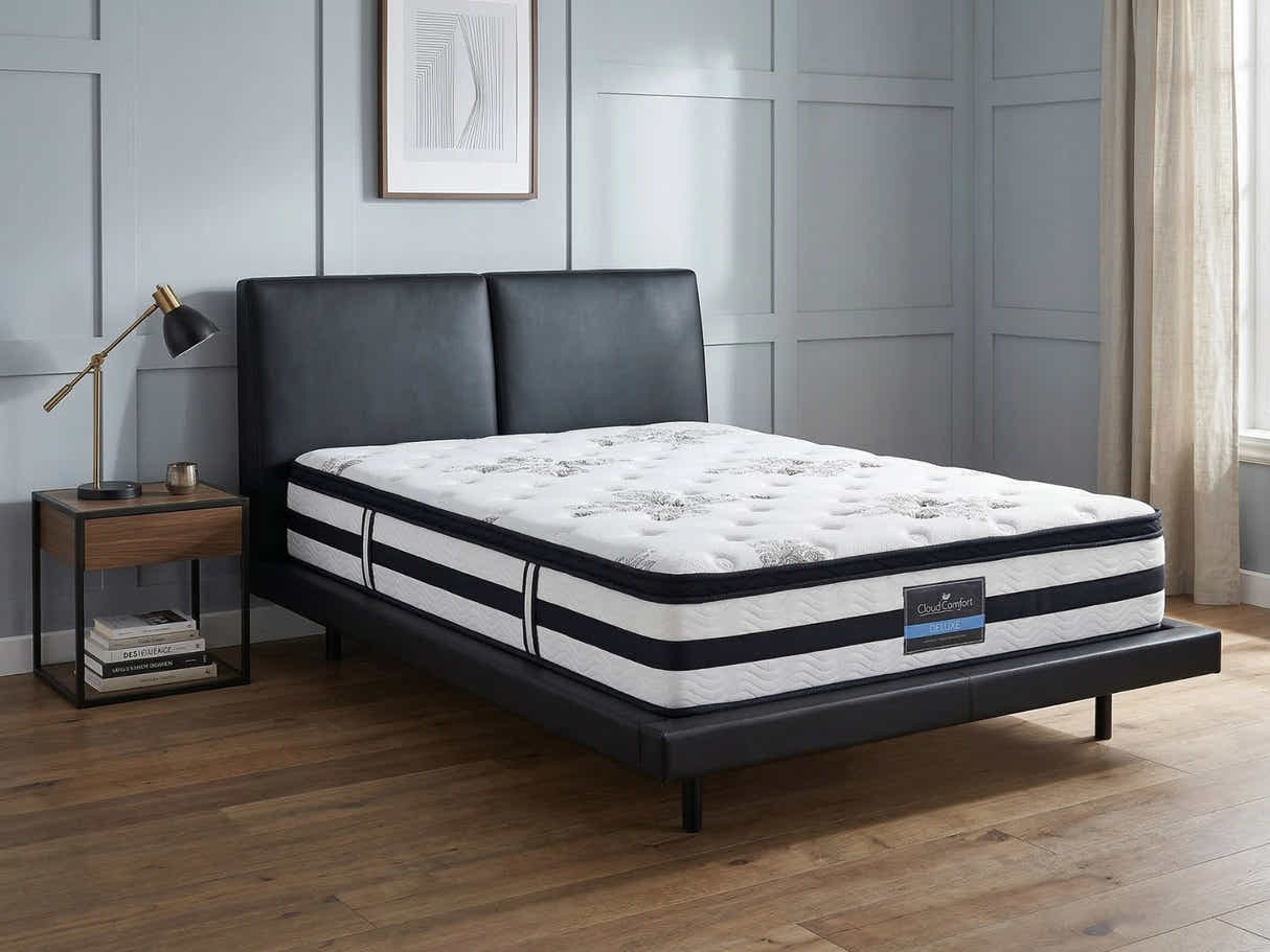Priscilla PU Bed Frame Black & K34 Mattress - Queen