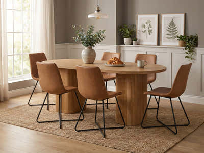 Bojd Wooden Dining Table - 180 cm & Walnut Bonded Leather Dining Chair x6