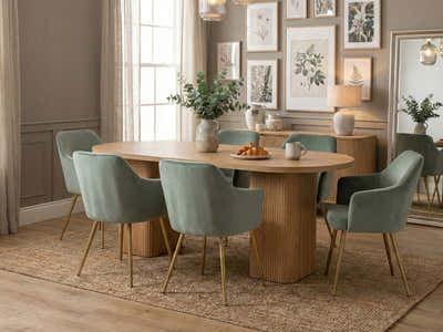 Bojd Wooden Dining Table - 180 cm & Ceilean Velvet Dining Chair Green x6