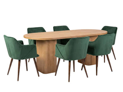 Bojd Wooden Dining Table - 180 cm & 3x Zakeer Velvet Dining Chair Green x6