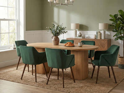 Bojd Wooden Dining Table - 180 cm & 3x Zakeer Velvet Dining Chair Green x6