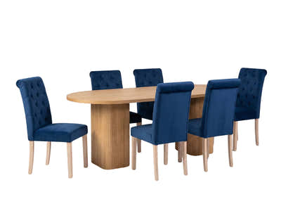 Bojd Wooden Dining Table - 180 cm & Natalie Linen Dining Chair Blue x6