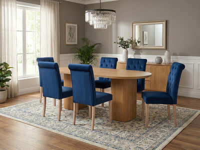 Bojd Wooden Dining Table - 180 cm & Natalie Linen Dining Chair Blue x6