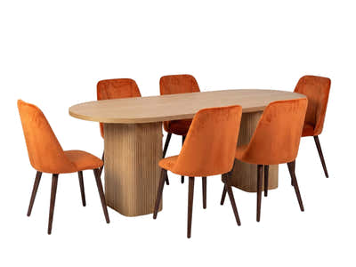 Bojd Wooden Dining Table - 180 cm & Evian Velvet Dining Chair Orange x6