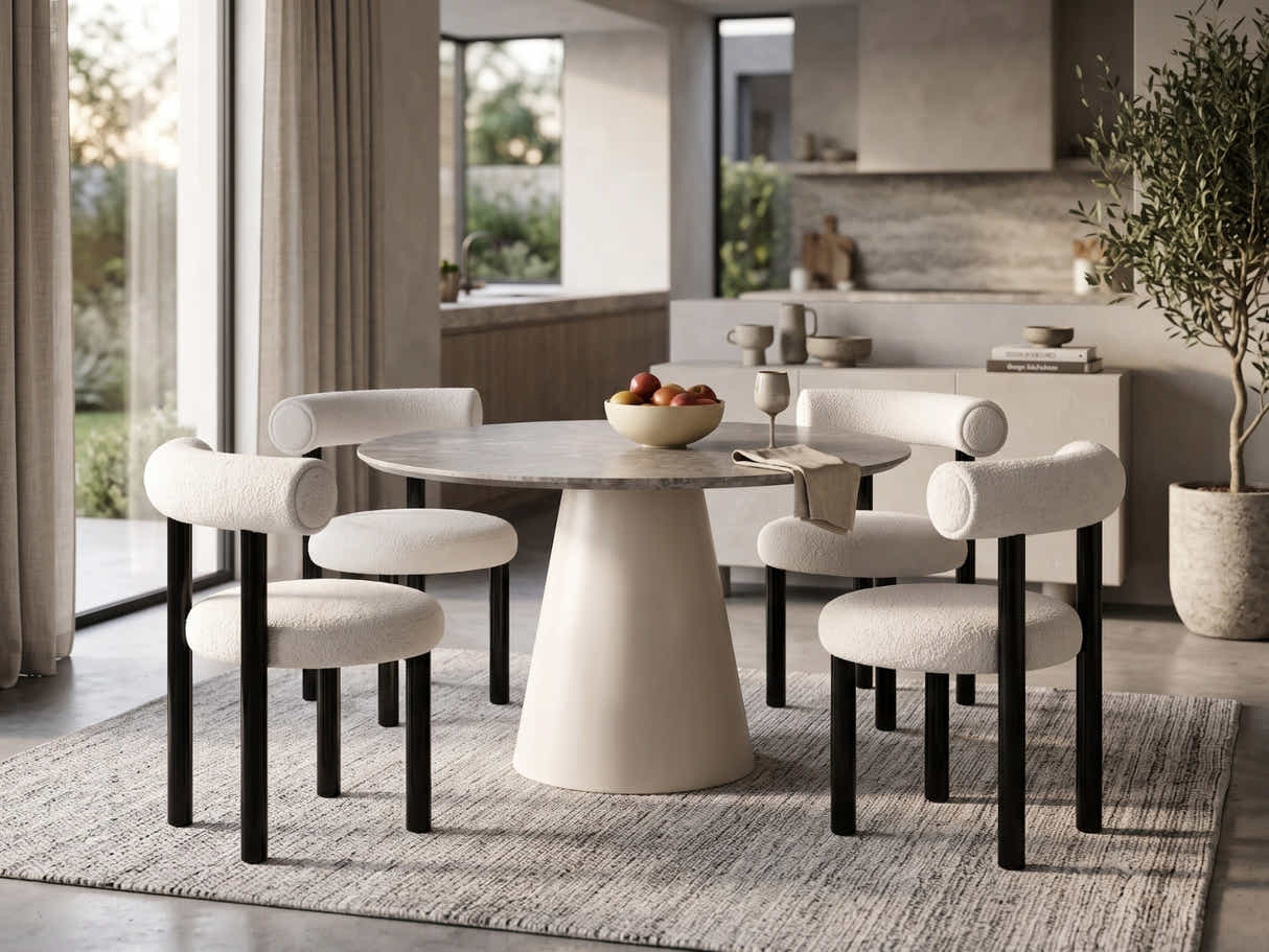 Kaila Round Dining Table 120 cm & Boucle Velvet Dining Chair White - Set of 4