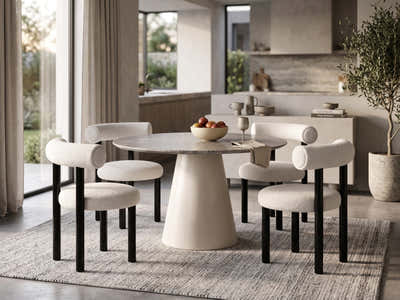 Kaila Round Dining Table 120 cm & Boucle Velvet Dining Chair White - Set of 4