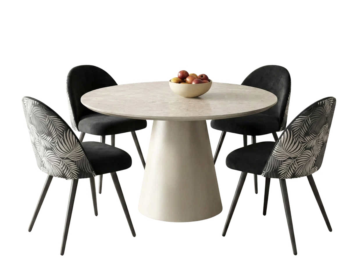 Kaila Round Dining Table - 120 cm & Fernando Dining Chair with Fern Pattern - Set of 4