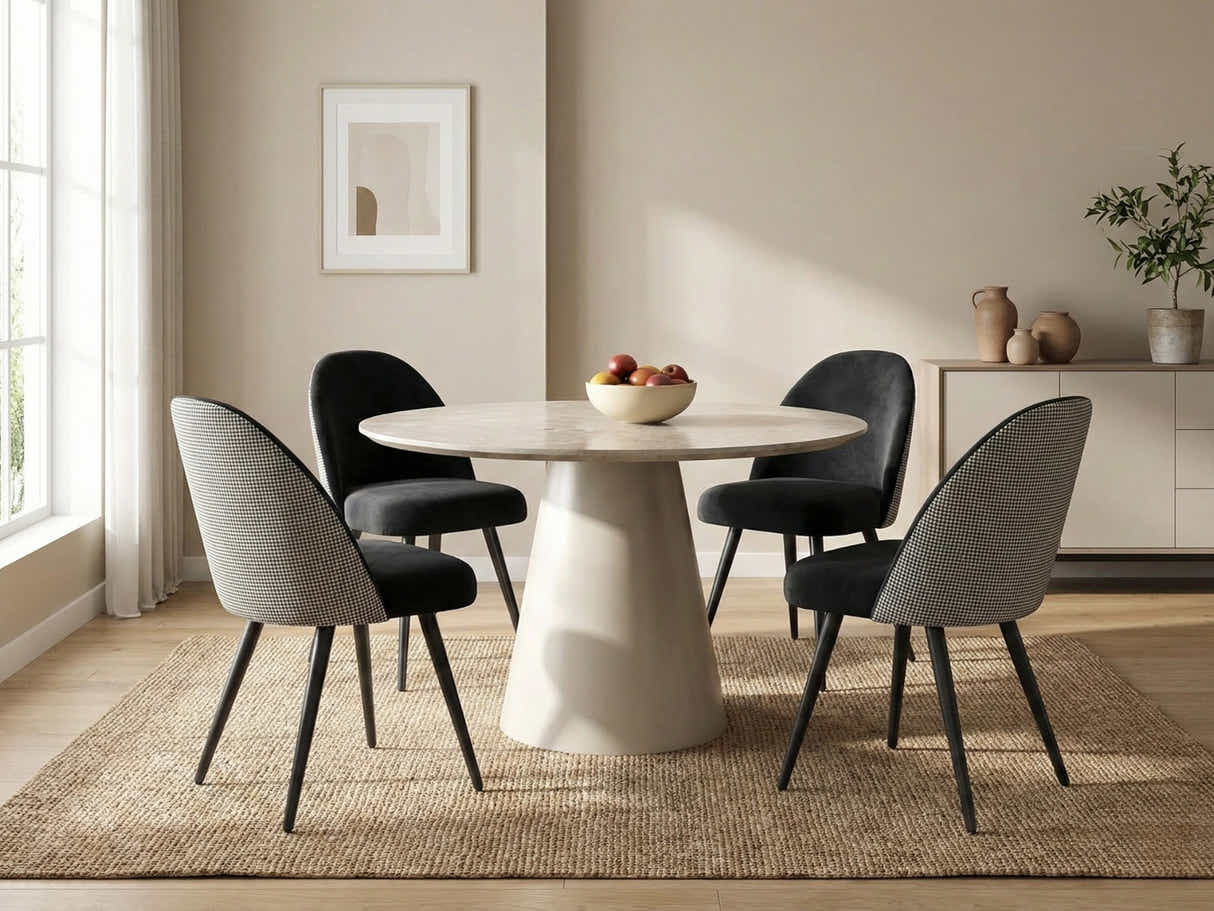 Kaila Round Dining Table - 120 cm & Fernando Dining Chair with Houndstooth - Set of 4