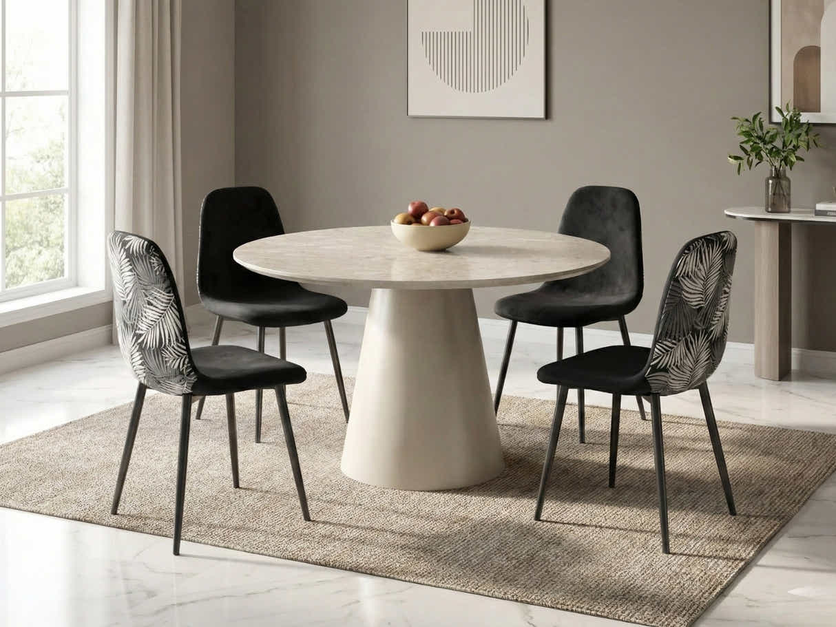Kaila Round Dining Table - 120 cm & Axis Dining Chair with Fern Pattern - Set of 4