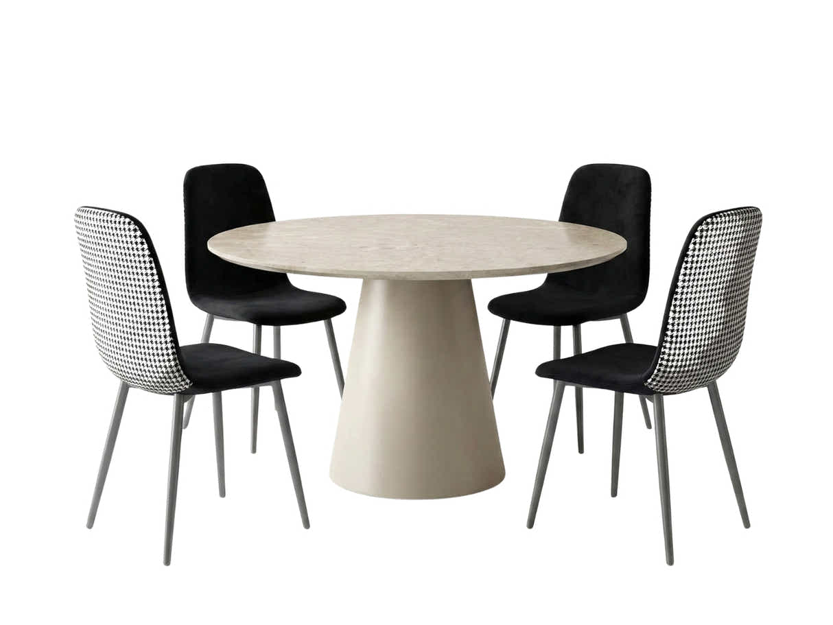 Kaila Round Dining Table - 120 cm + Axis Velvet Dining Seat x4 Houndstooth New