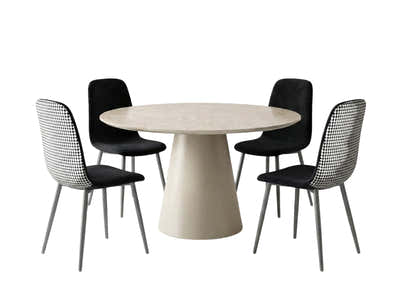 Kaila Round Dining Table - 120 cm + Axis Velvet Dining Seat x4 Houndstooth New