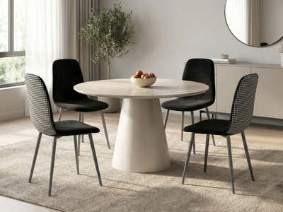 Kaila Round Dining Table - 120 cm + Axis Velvet Dining Seat x4 Houndstooth New