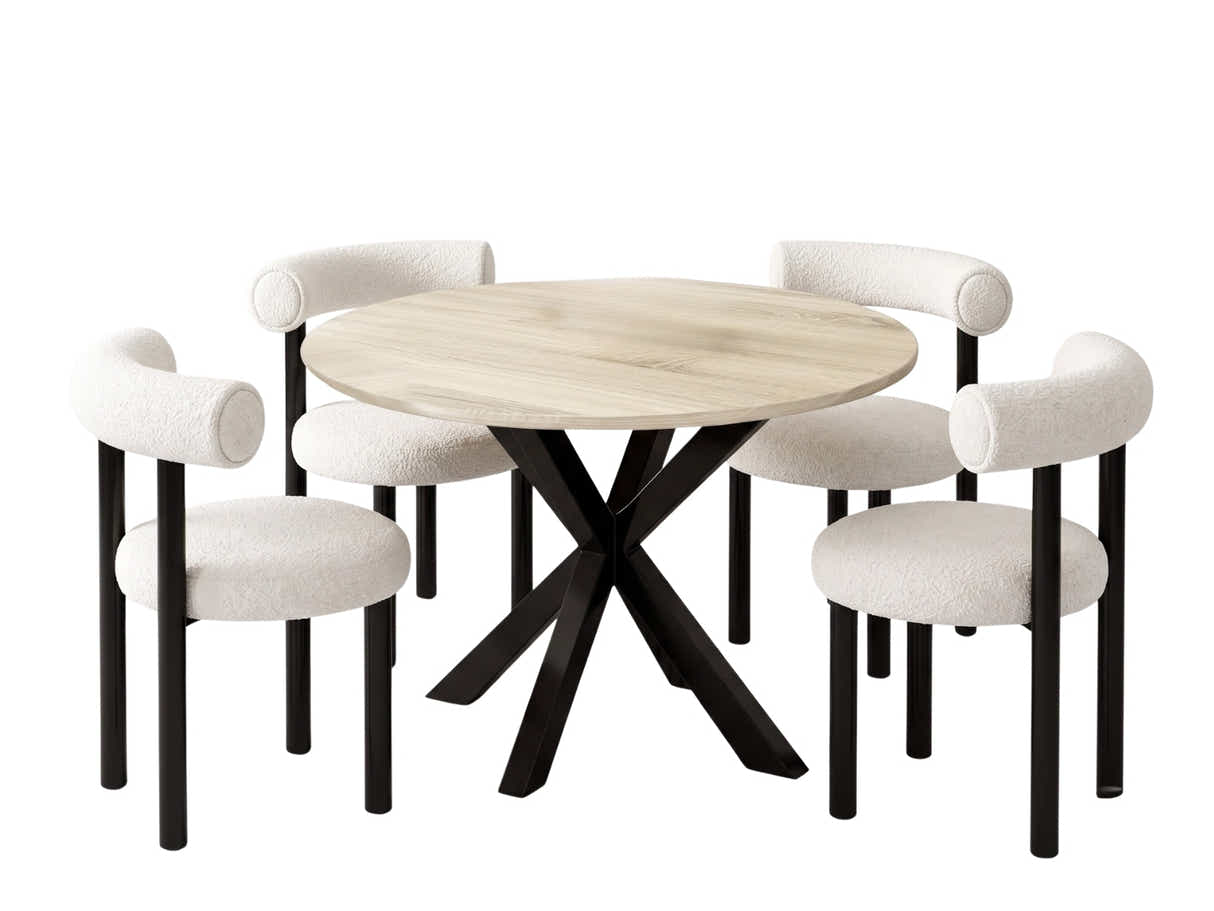 Elsie Round Dining Table 110 cm & Boucle Velvet Dining Chair White - Set of 4