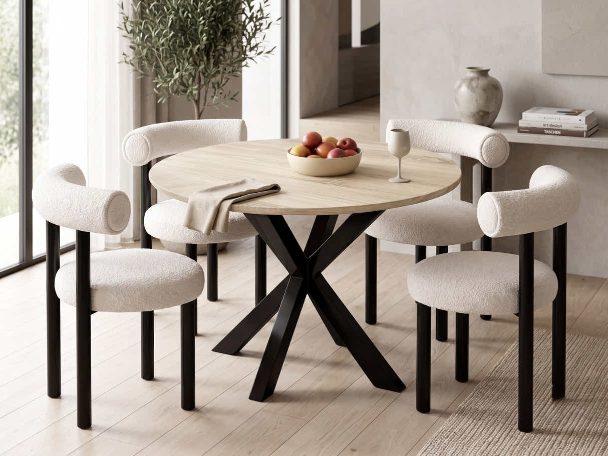 Elsie Round Dining Table 110 cm & Boucle Velvet Dining Chair White - Set of 4