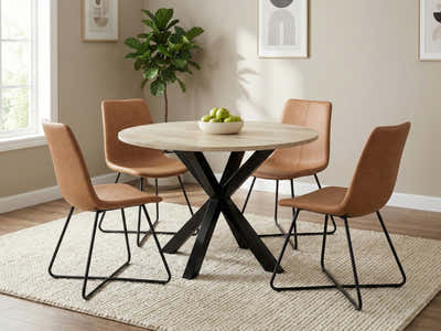 Elsie Round Dining Table - 110 cm & Walnut Bonded Leather Dining Chair - Set of 4