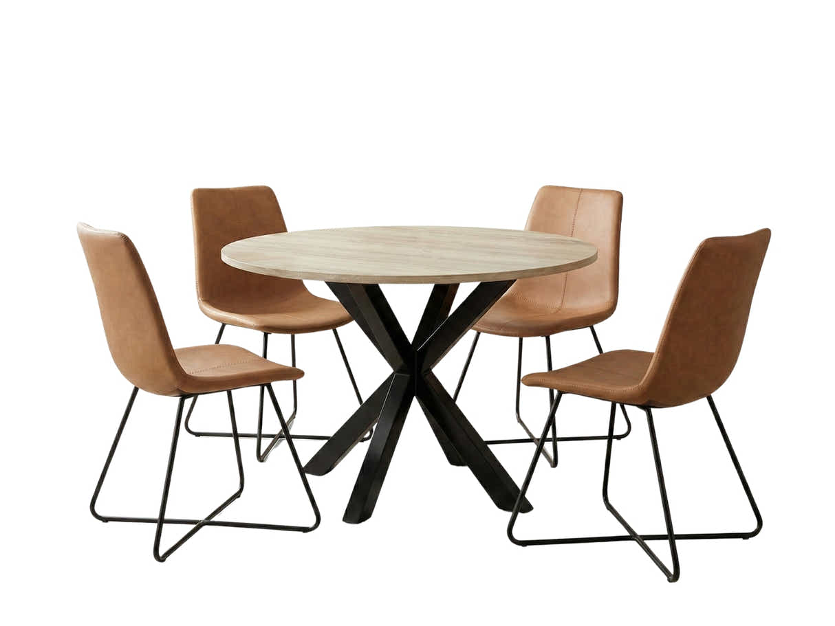 Elsie Round Dining Table - 110 cm & Walnut Bonded Leather Dining Chair - Set of 4