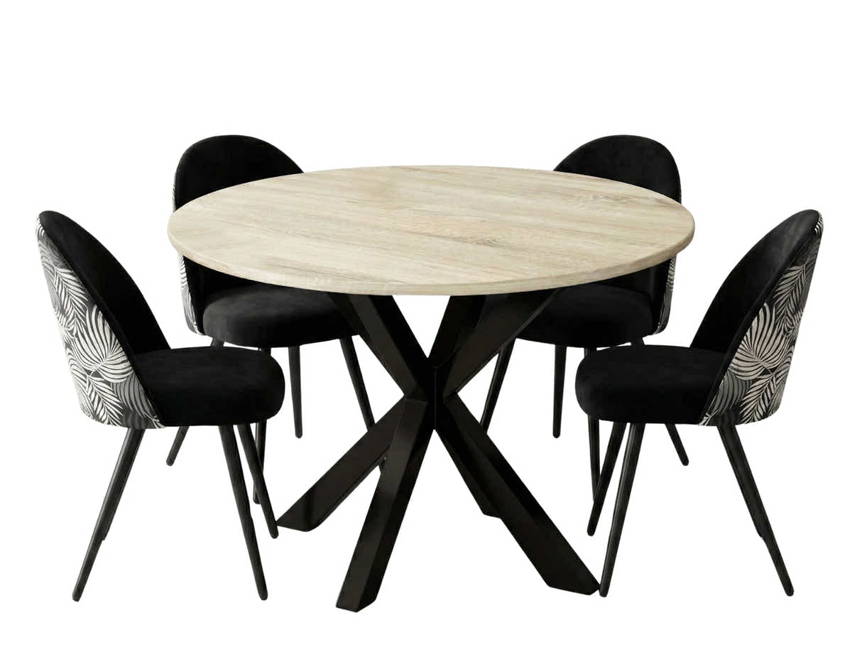 Elsie Round Dining Table - 110 cm & Fernando Dining Chair with Fern Pattern - Set of 4