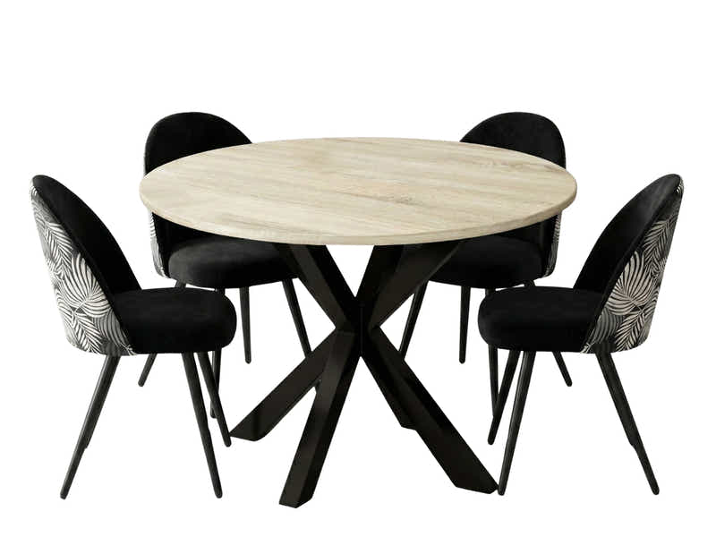 Elsie Round Dining Table - 110 cm & Fernando Dining Chair with Fern Pattern - Set of 4 (Combo)