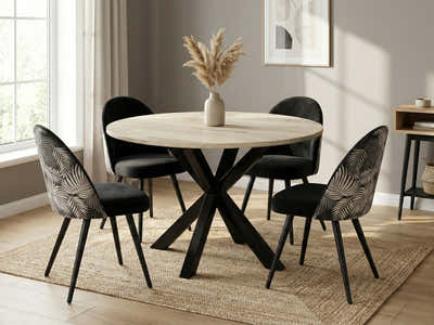 Elsie Round Dining Table - 110 cm & Fernando Dining Chair with Fern Pattern - Set of 4
