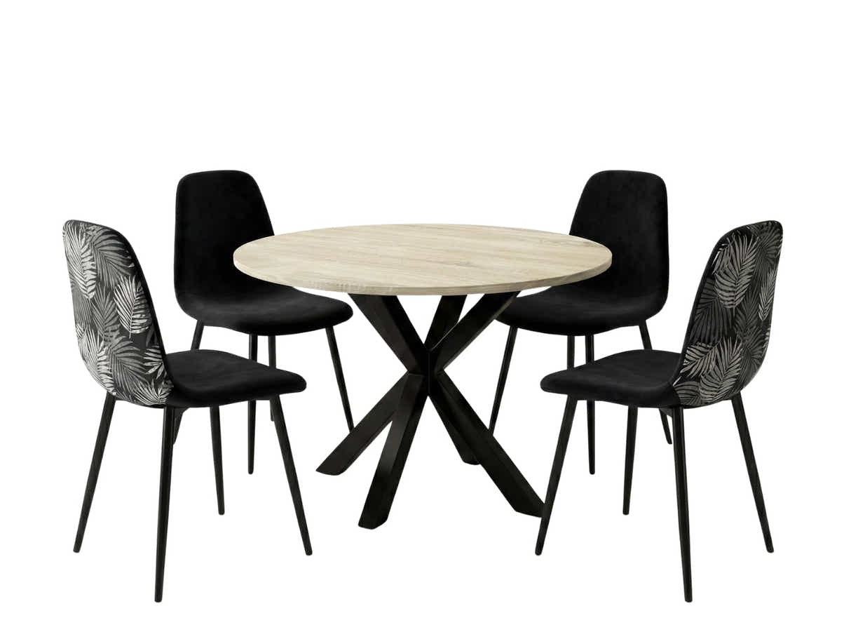 Elsie Round Dining Table - 110 cm & Axis Dining Chair with Fern Pattern - Set of 4