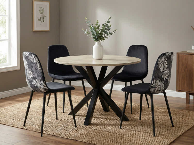 Elsie Round Dining Table - 110 cm & Axis Dining Chair with Fern Pattern - Set of 4 (Combo)