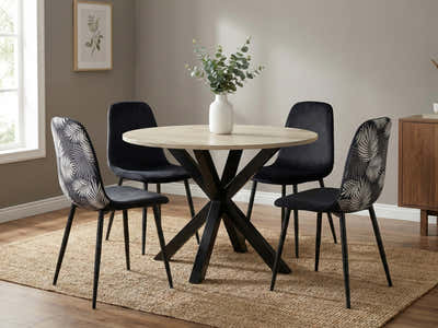 Elsie Round Dining Table - 110 cm & Axis Dining Chair with Fern Pattern - Set of 4