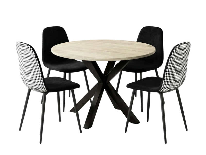 Elsie Round Dining Table - 110 cm & Axis Velvet Dining Seat x4 Houndstooth New (Combo)