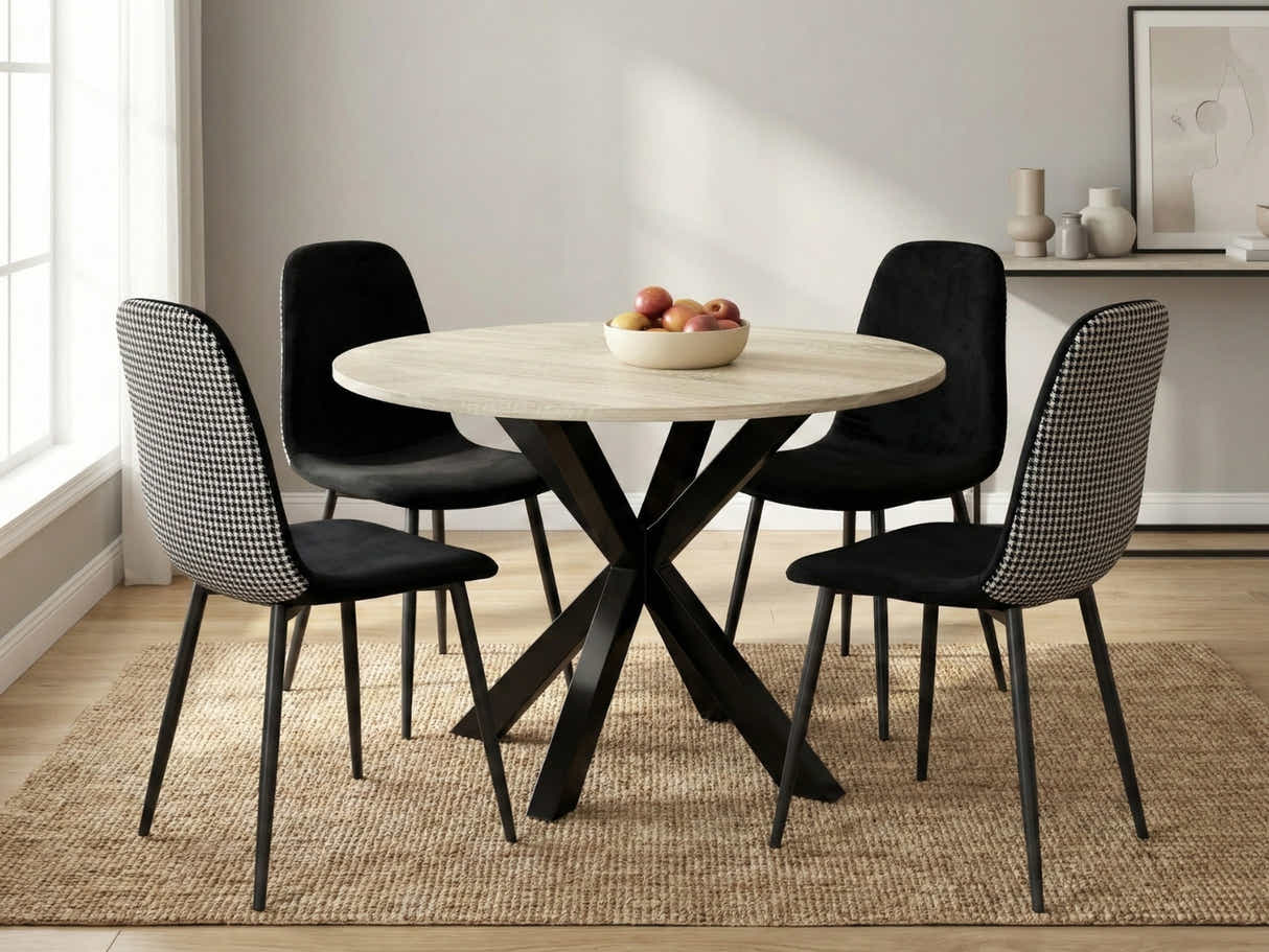 Elsie Round Dining Table - 110 cm & Axis Velvet Dining Seat x4 Houndstooth New