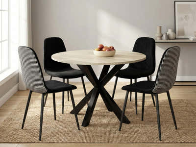 Elsie Round Dining Table - 110 cm & Axis Velvet Dining Seat x4 Houndstooth New