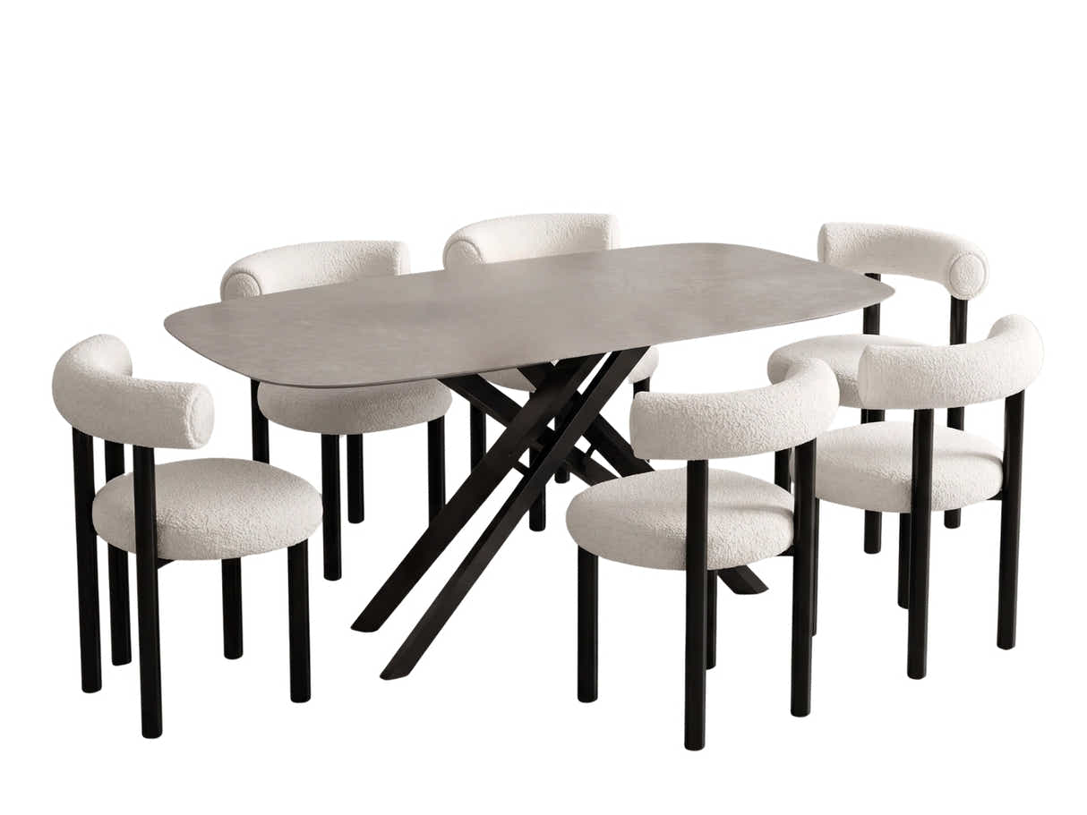 Moira Ceramic Top Dining Table 179 cm & Boucle Velvet Dining Chair White - Set of 6