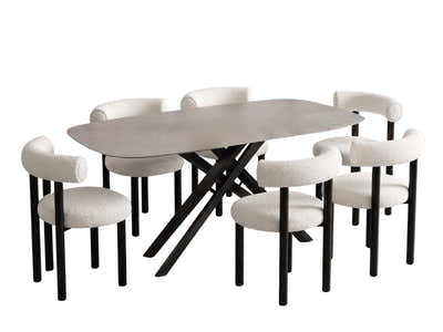 Moira Ceramic Top Dining Table 179 cm & Boucle Velvet Dining Chair White - Set of 6