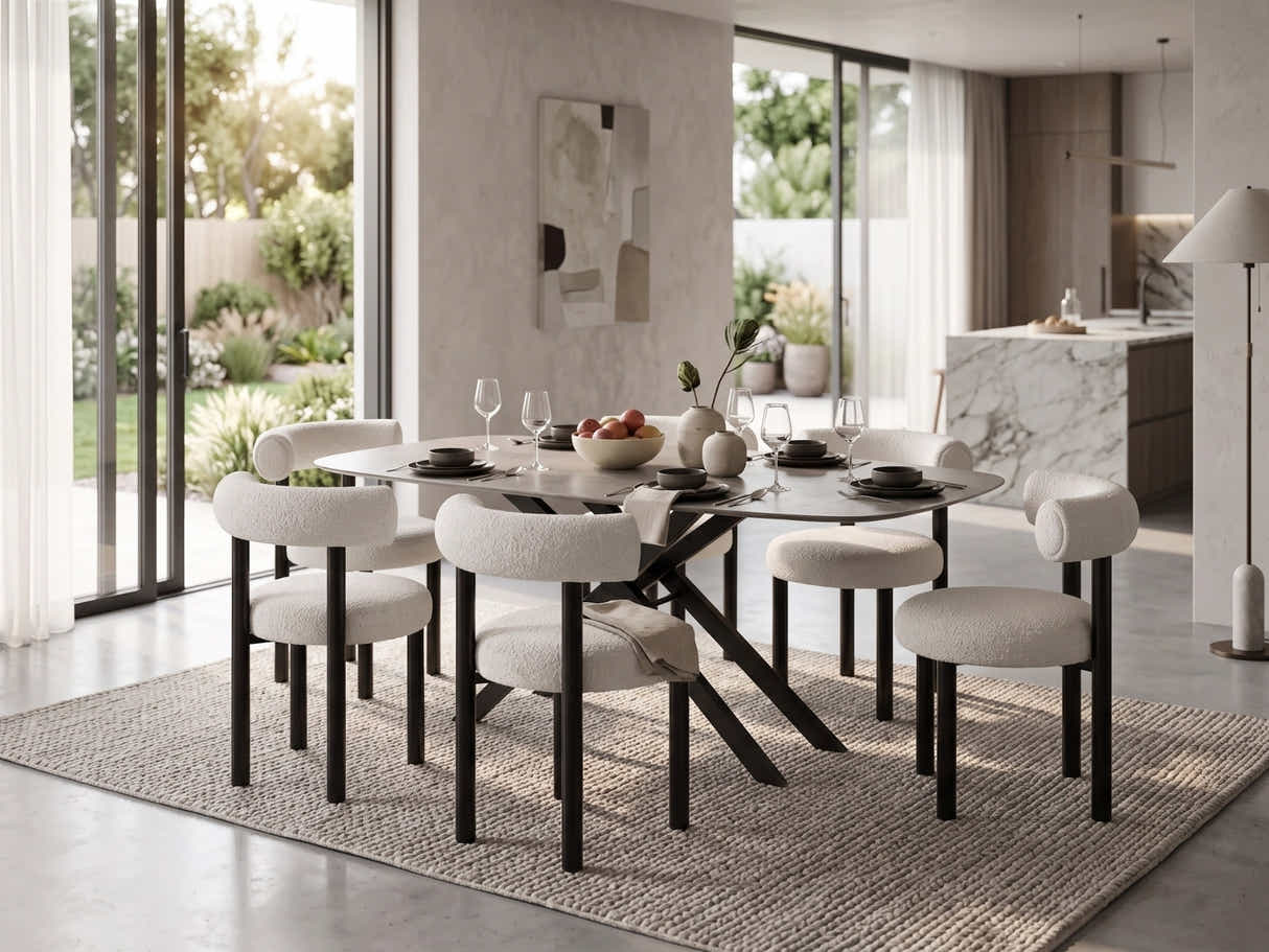 Moira Ceramic Top Dining Table 179 cm & Boucle Velvet Dining Chair White - Set of 6