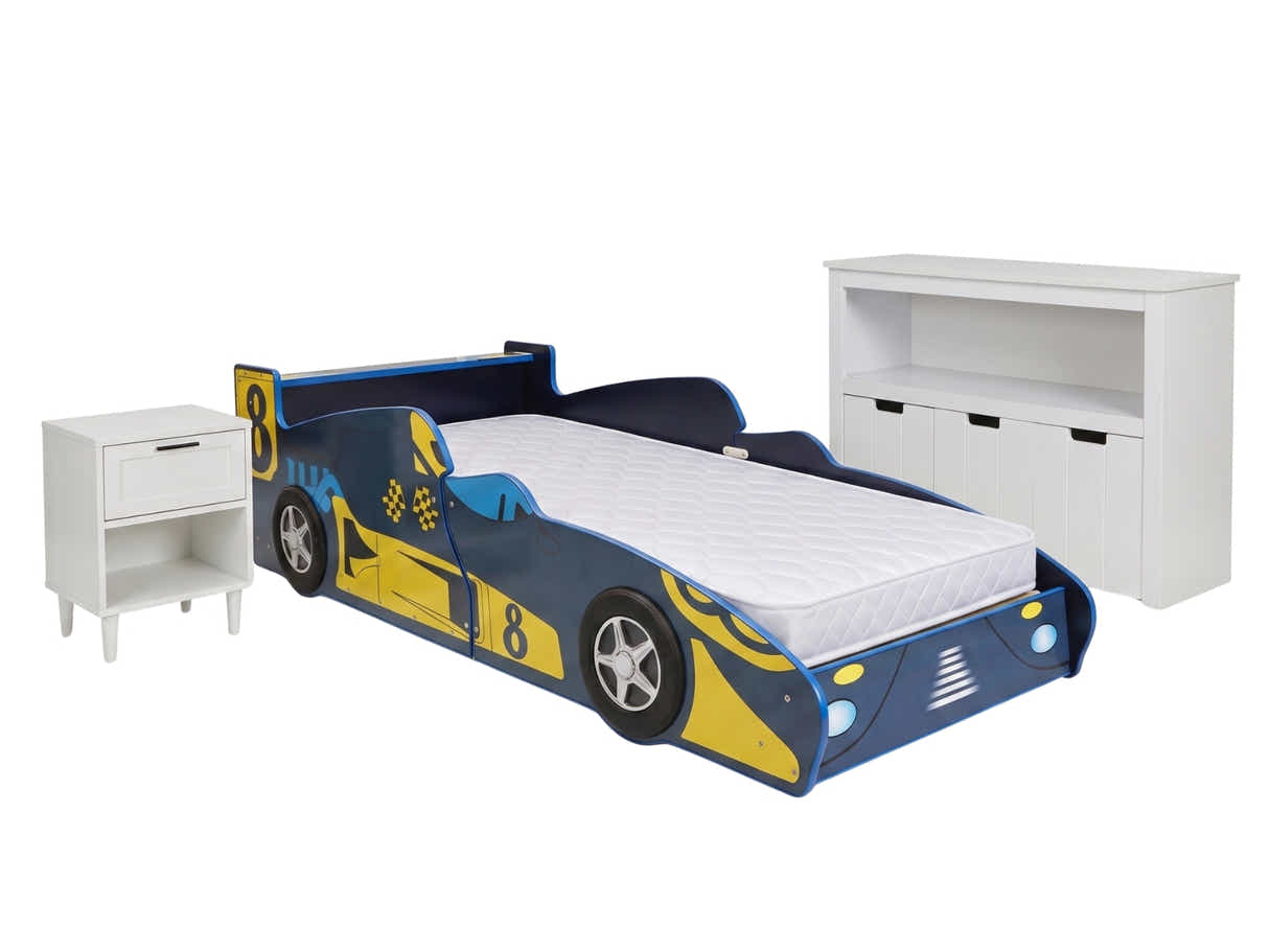 Modern Kids Bedroom Combo - Race Car Bed, Mattress, Bedside & Storage