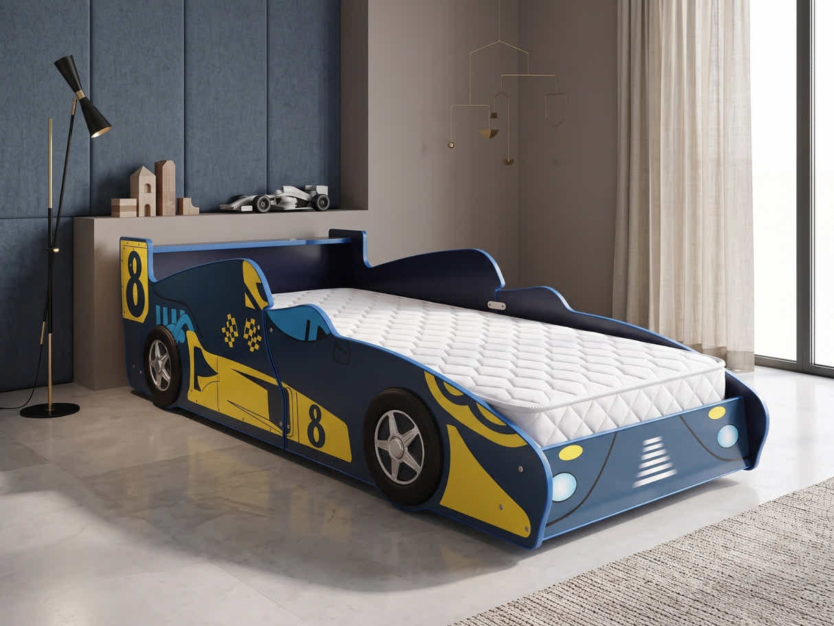 Supreme F1 Race Car Bed Frame Blue & Bon15 Mattress - Single