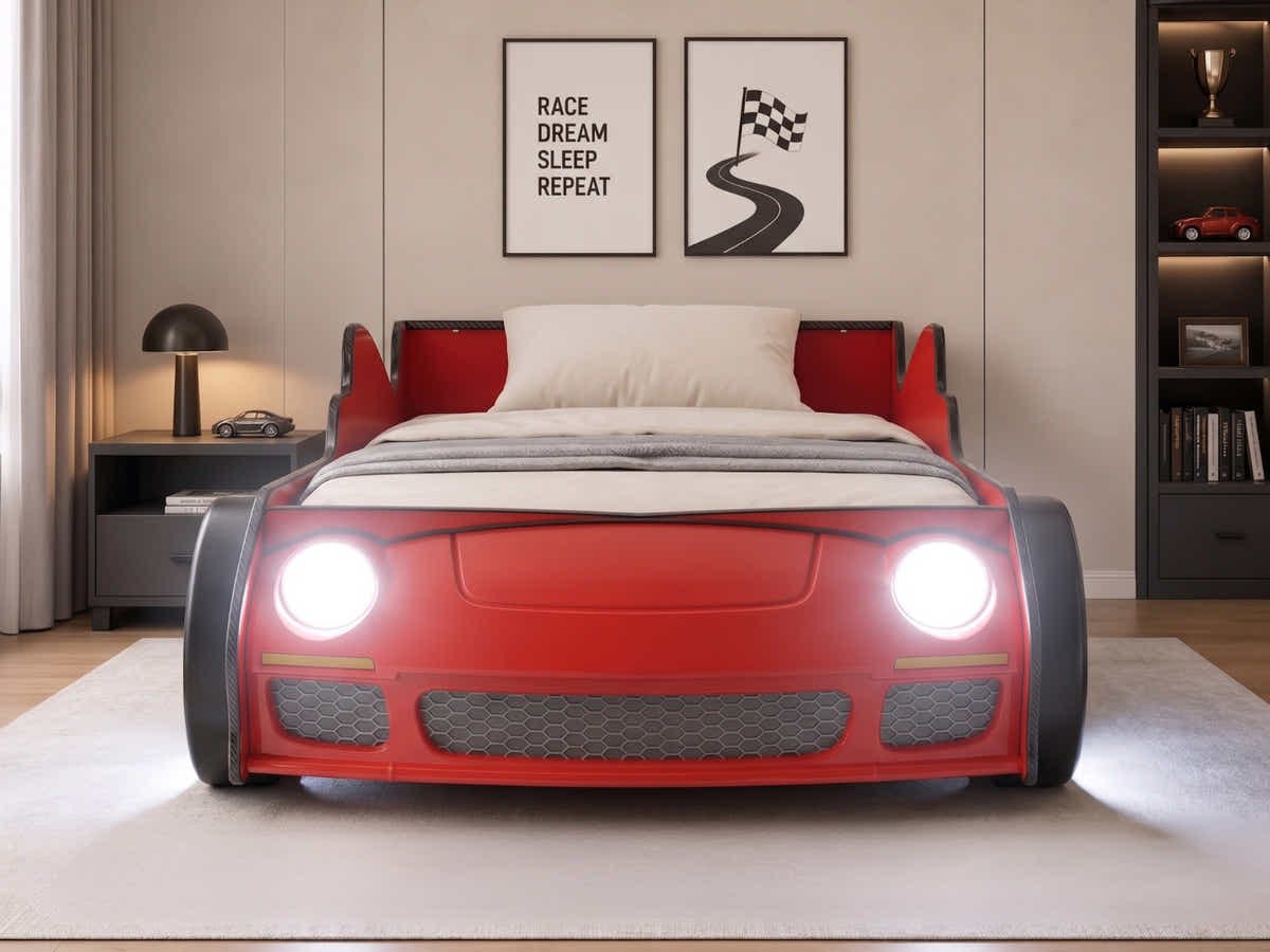 Racing Car Bed Frame with LED Lights Red - Single