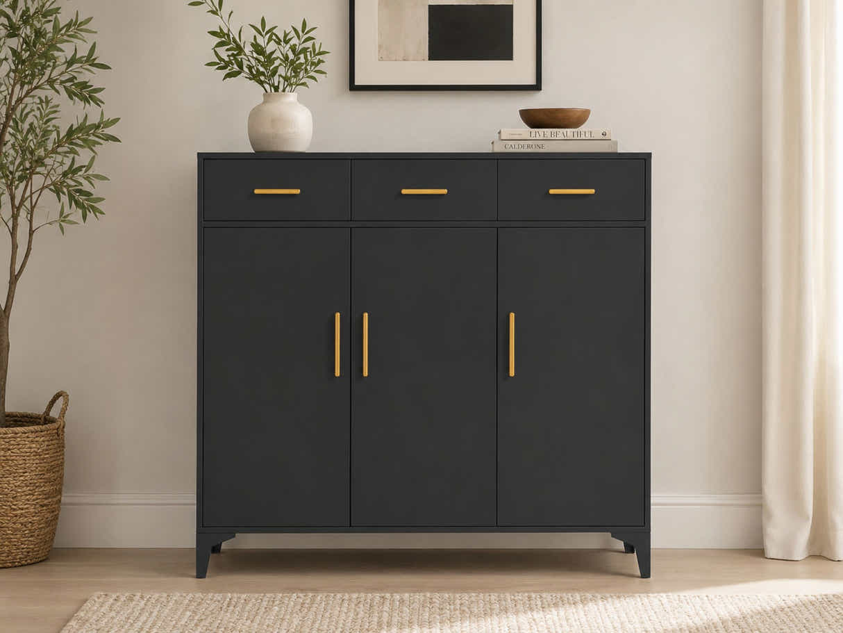 Lonna Steel 3-Door Shoe Cabinet With Drawers - Black
