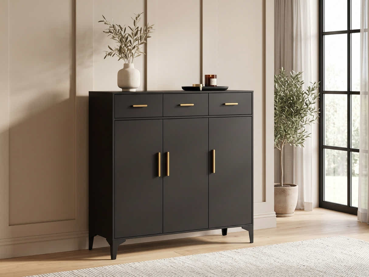 Lonna Steel 3-Door Shoe Cabinet With Drawers - Black