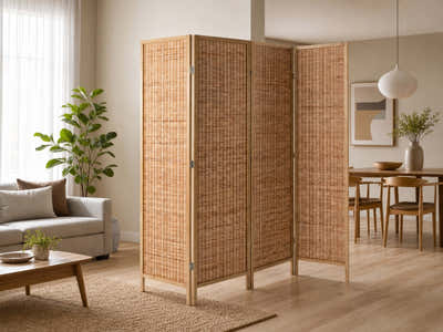 4-Panel Room Divider with Bamboo - Brown