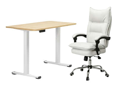 Height Adjustable Desk Set LK Oak & New Markus Office Chair with Footrest PU White (Combo)