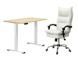 Height Adjustable Desk Set LK Oak & New Markus Office Chair with Footrest PU White