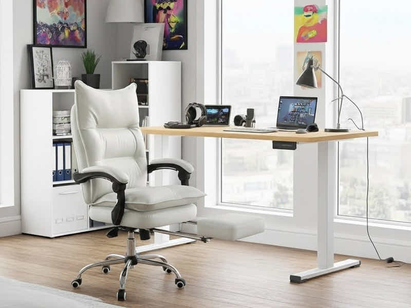 Height Adjustable Desk Set LK Oak & New Markus Office Chair with Footrest PU White (Combo)