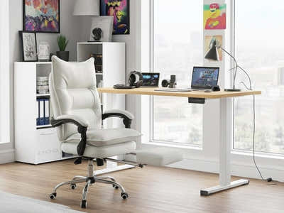 Height Adjustable Desk Set LK Oak & New Markus Office Chair with Footrest PU White (Combo)