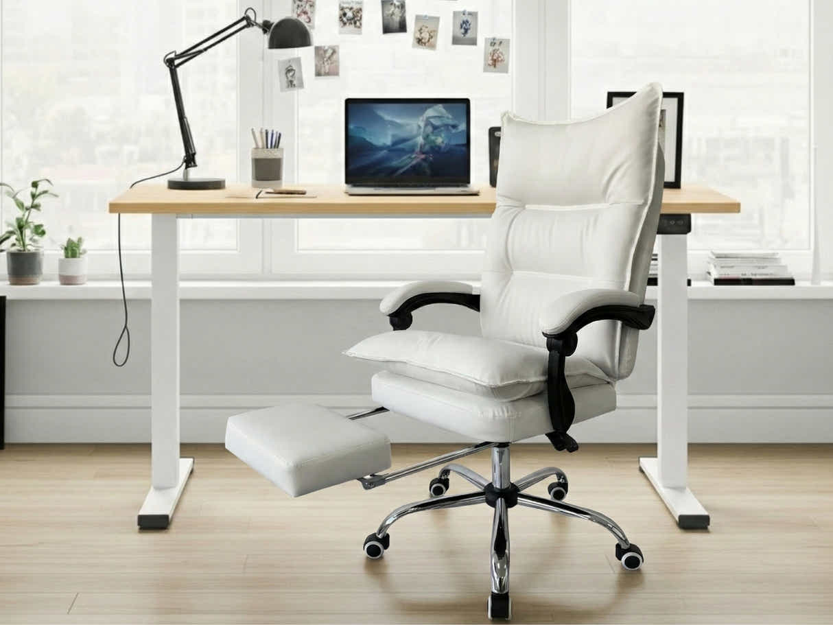 Height Adjustable Desk Set LK Oak & New Markus Office Chair with Footrest PU White