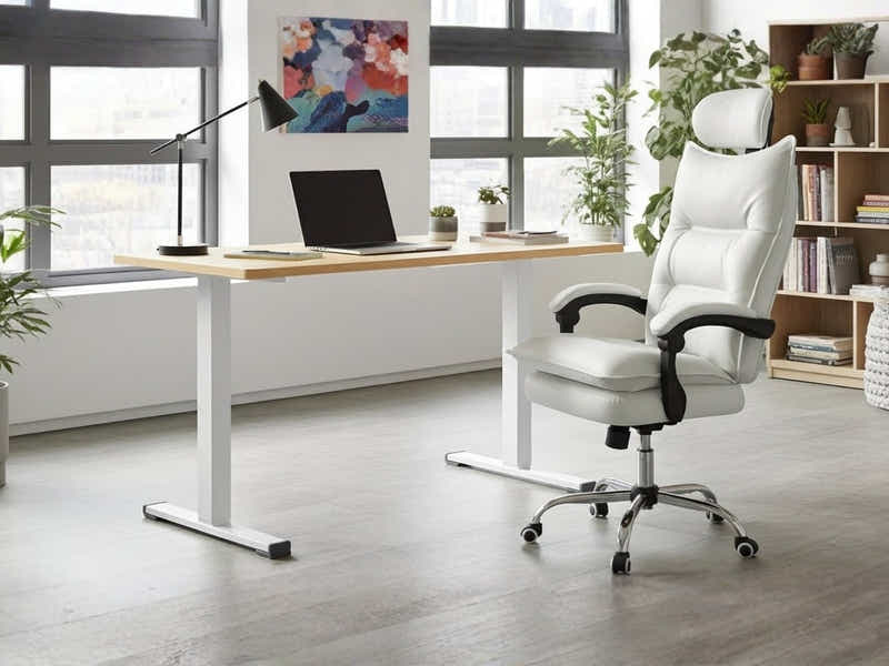 Height Adjustable Desk Set LK Oak & New Markus Office Chair with Footrest PU White (Combo)