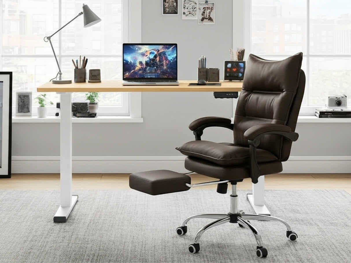 Height Adjustable Desk Set LK Oak & New Markus Office Chair with Footrest PU Coffee