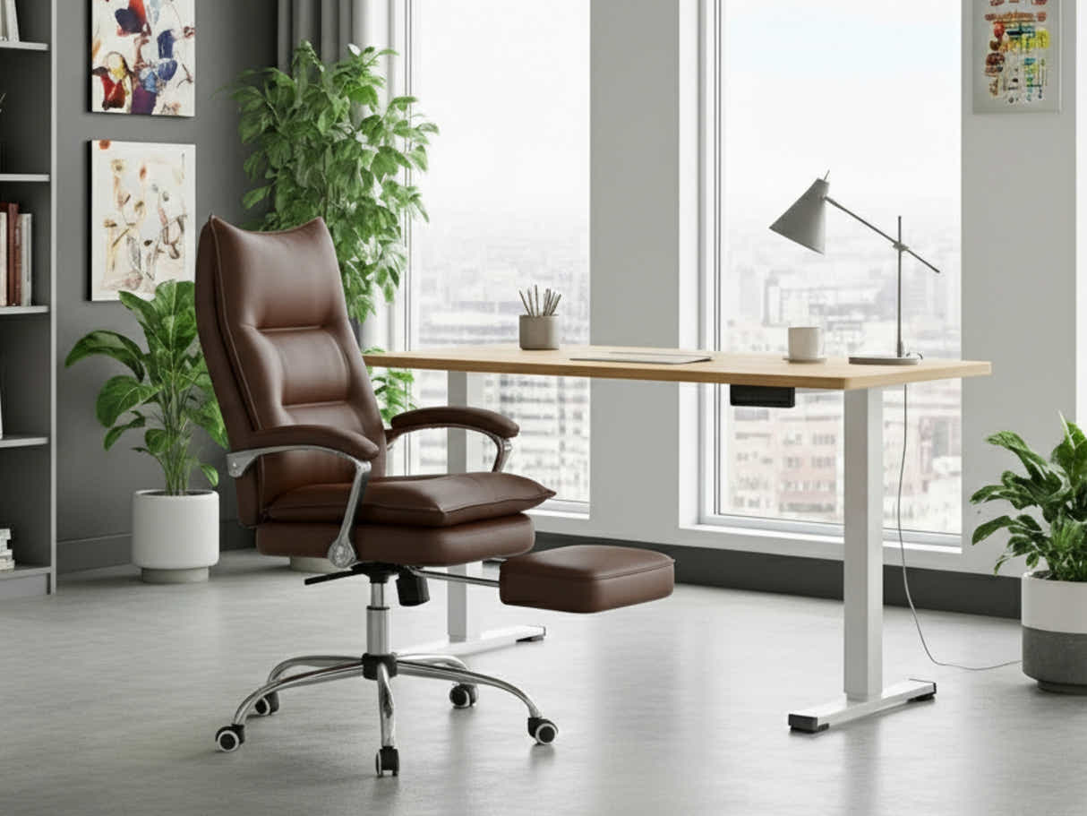 Height Adjustable Desk Set LK Oak & New Markus Office Chair with Footrest PU Coffee