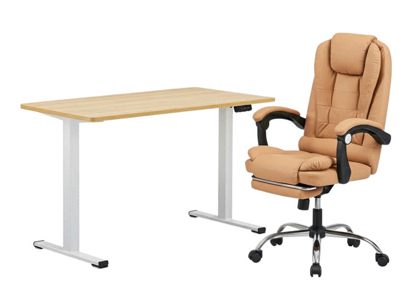 Height Adjustable Desk Set LK Oak & Colson Massage Office Chair PVC Khaki (Combo)