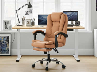 Height Adjustable Desk Set LK Oak & Colson Massage Office Chair PVC Khaki (Combo)